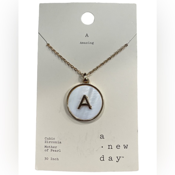 A New Day A Initial Letter Pendant Necklace Gold Tone White Mother of Pearl 30" - Picture 1 of 2